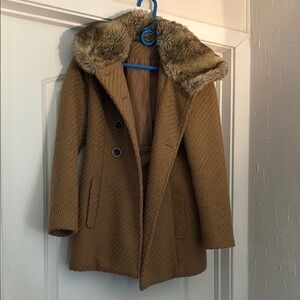 Women's Tan Coat with Faux Fur Collar